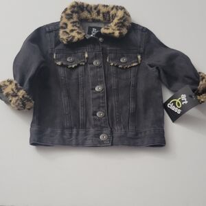 NWT Art Class Baby GirlBlack Denim Jacket with Leopard Print Trim Size 18 Months